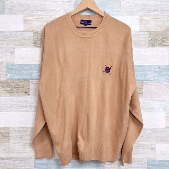 POLO Ralph Lauren Pure Cashmere Sweater Tan Golf Shield Logo Vintage Mens XL - Picture 1 of 6